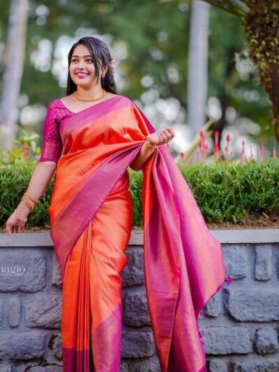 Banarasi Orange Saree with Pink Border