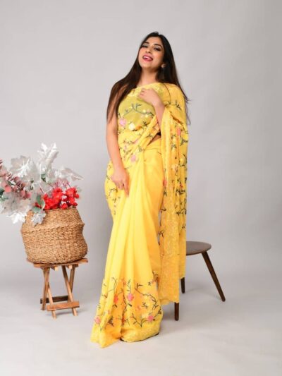 Wedding Haldi Function Work Yellow Saree