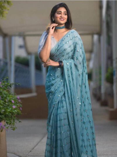 Sequence Work Ethnic Look Sky Blue Saree