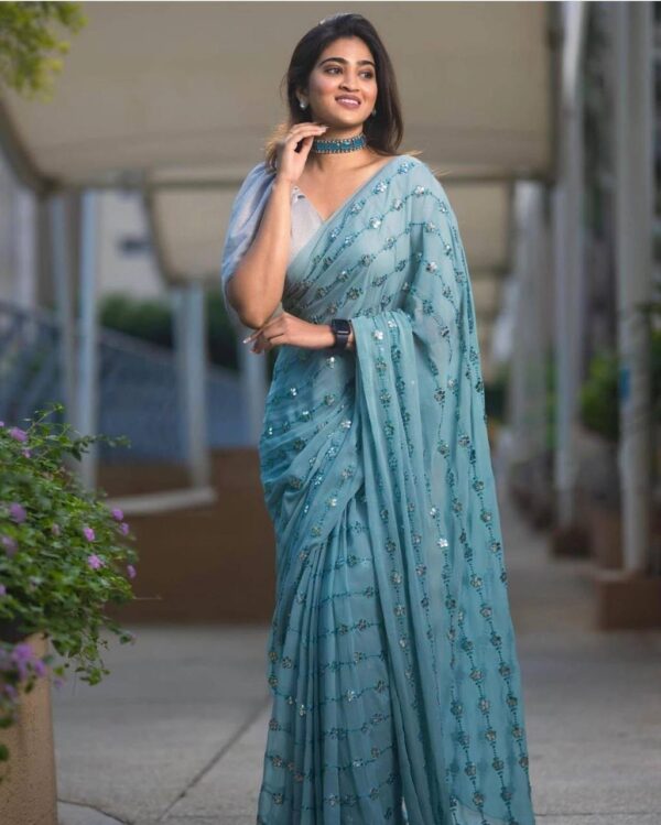 Sequence Work Ethnic Look Sky Blue Saree