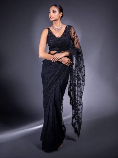 Thread Work Party Black Saree in Net