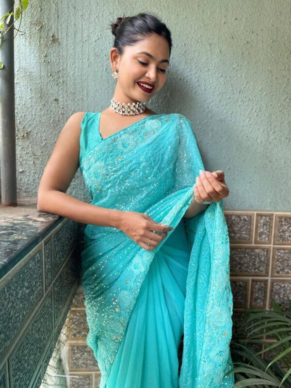 Stylish Work Sequence Sky Blue Saree