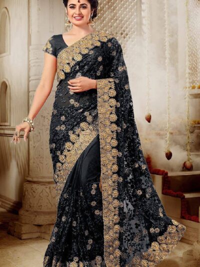 Net Embroidery Work Lace Black Saree