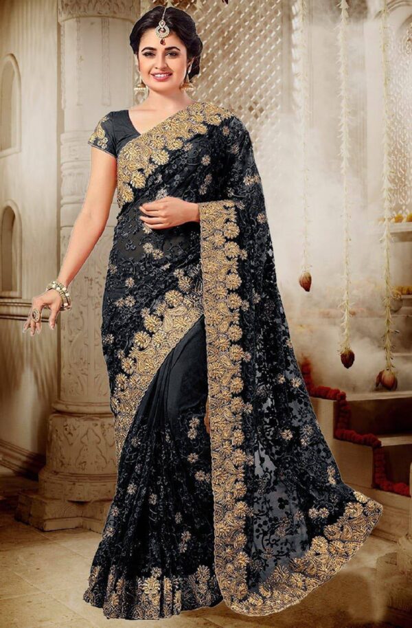 Net Embroidery Work Lace Black Saree