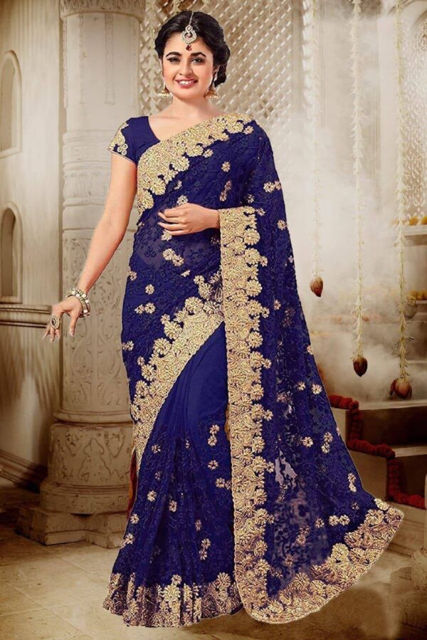 Embroidery Work Border Lace Blue Saree