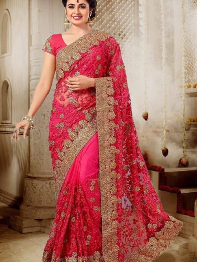 Net Pink Saree with Embroidery Work Lace