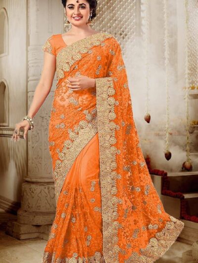 Festival wear Lace Work Border Orange Saree