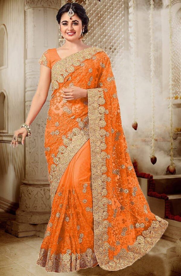 Festival wear Lace Work Border Orange Saree