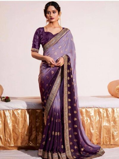 Georgette Purple Saree With Lace Border