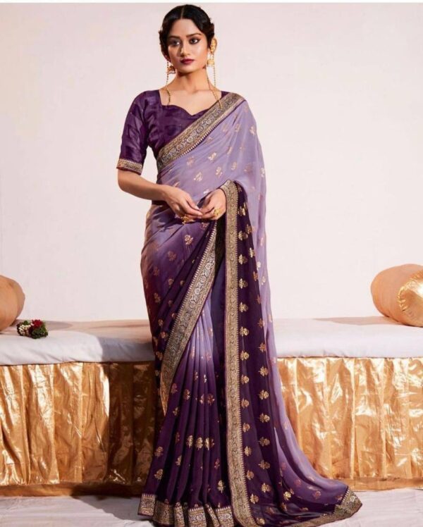 Georgette Purple Saree With Lace Border