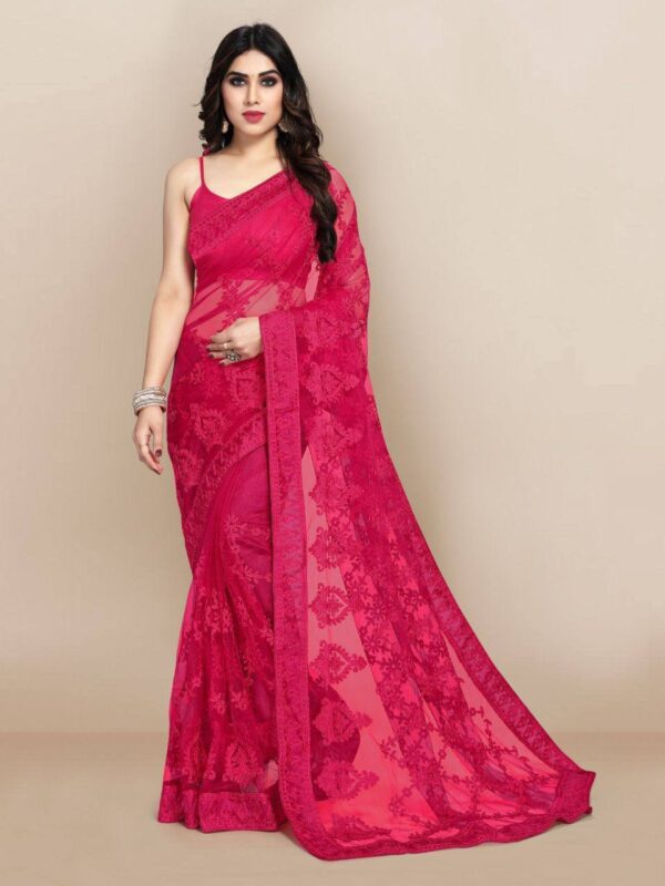 Wedding Embroidery work Net Pink Saree