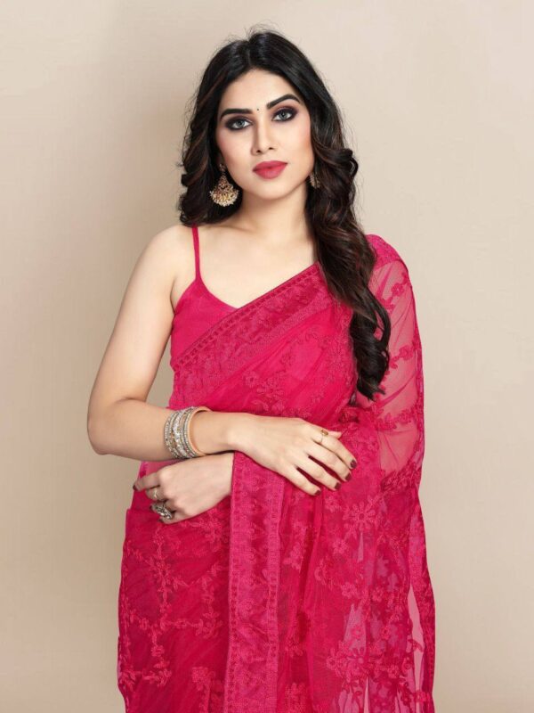 Wedding Embroidery work Net Pink Saree