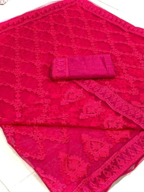 Wedding Embroidery work Net Pink Saree