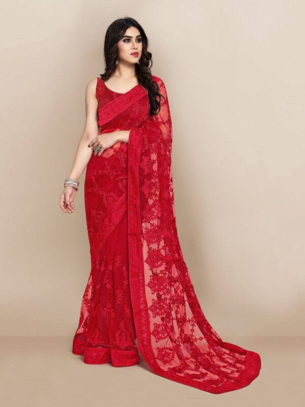 Wedding Party wear work Red Saree in Net