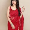 Wedding Party wear work Red Saree in Net