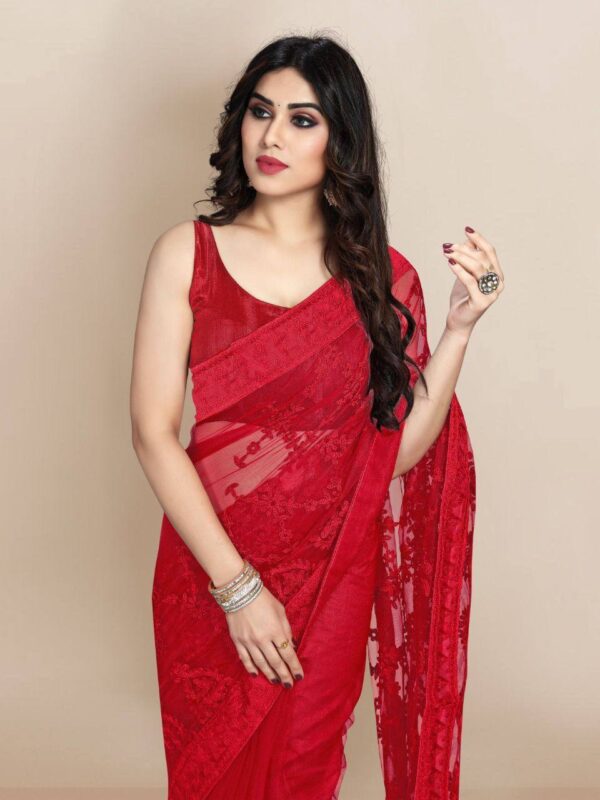 Wedding Party wear work Red Saree in Net