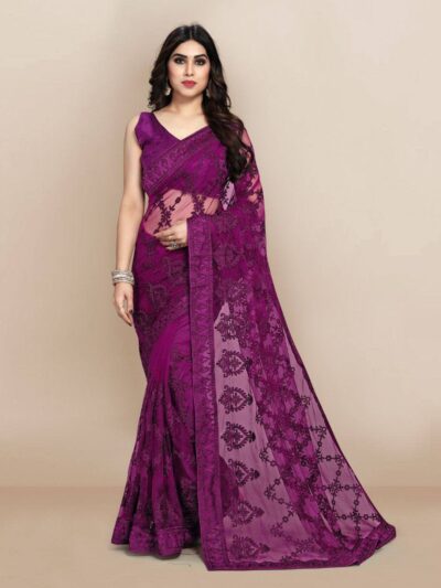 Work Net Purple Saree For Wedding