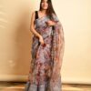 Floral Design Organza Grey Saree