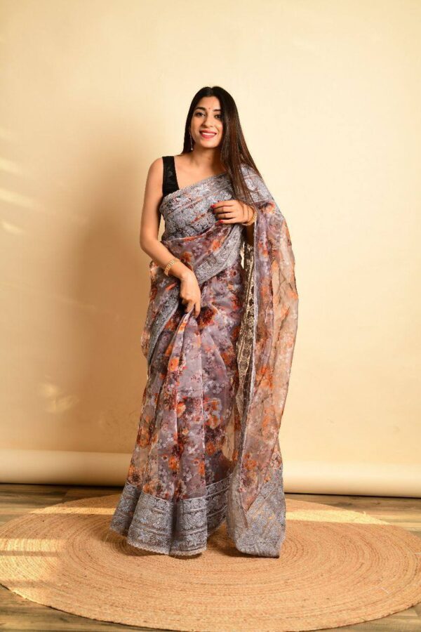 Floral Design Organza Grey Saree