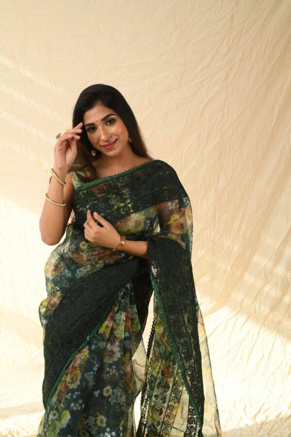 Wedding Floral Organza Green Saree