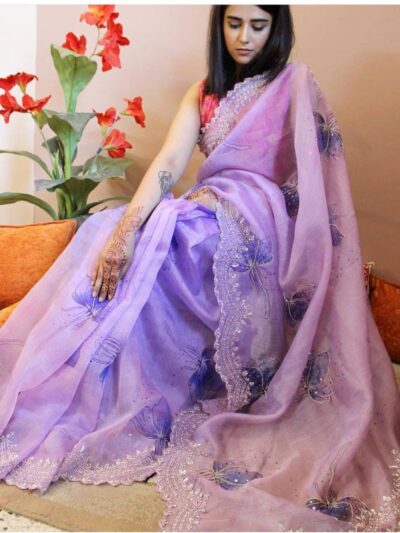 Stylish Organza Work Purple Saree