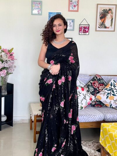 Stylish Function Wear Sequence Black Saree