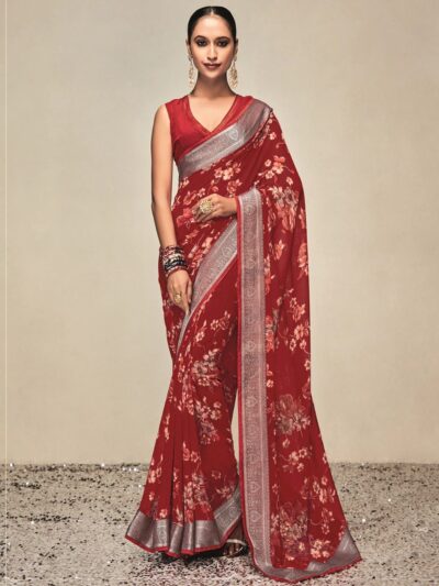 Fancy Design Red Saree with Lace Border