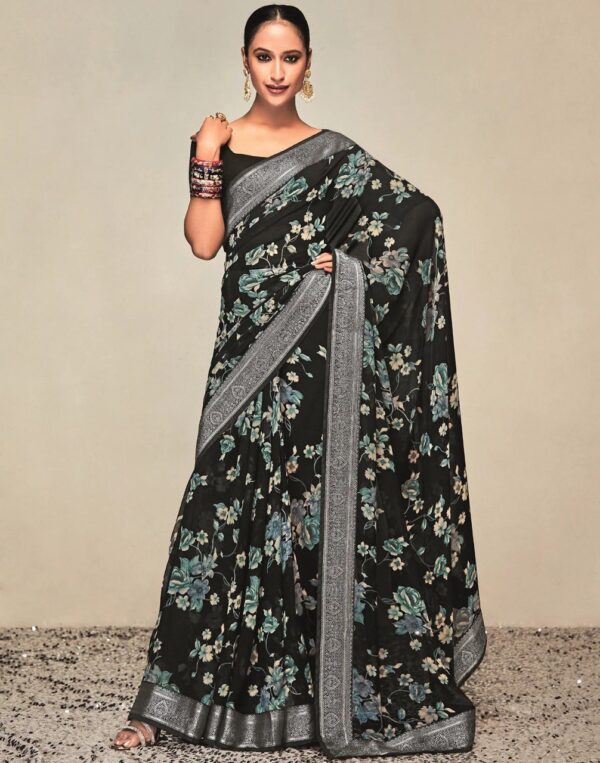 Designer Lace Border Black Saree in Georgette