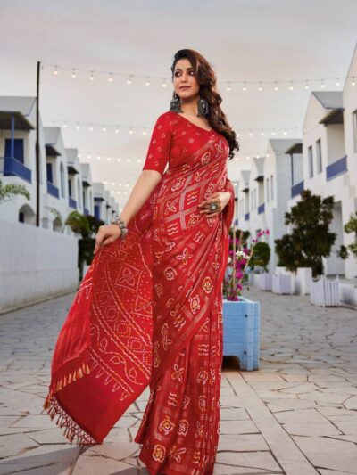 Silk Bandhani Style Red Saree