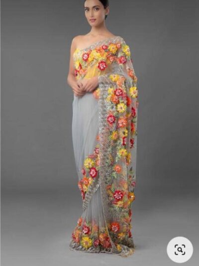 Wedding Festival work Net Grey Saree