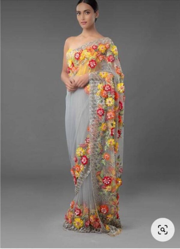 Wedding Festival work Net Grey Saree