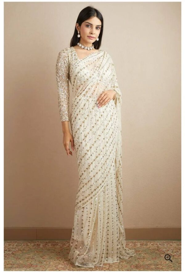 Party Wear White Saree in Sequence work