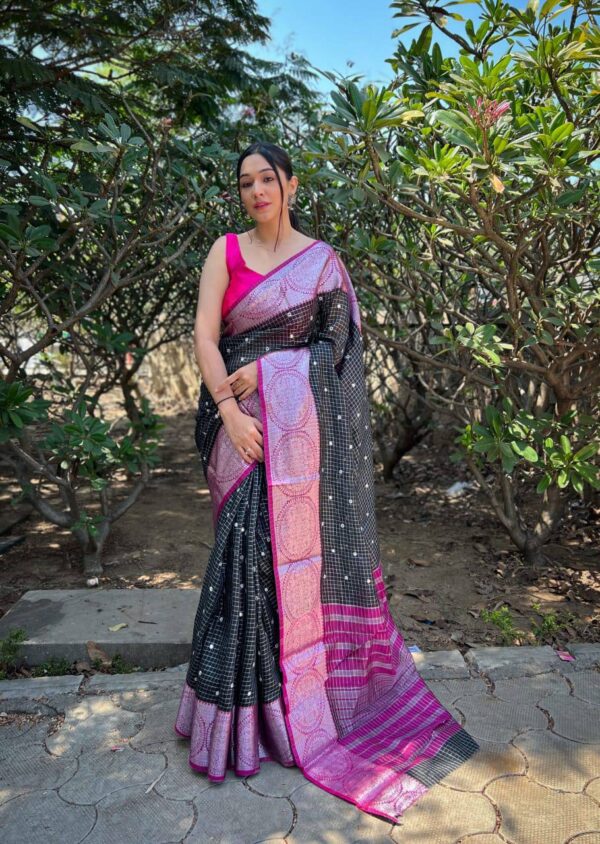 Stylish Checks Design Black Saree