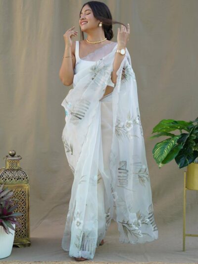 Wedding Party wear Organza White Saree