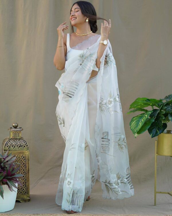 Wedding Party wear Organza White Saree