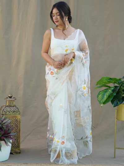 Party wear Floral Organza White Saree