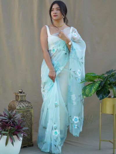 Latest Organza Sky Blue Saree in Organza