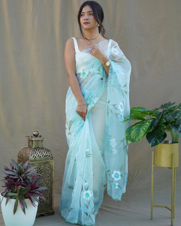 Latest Organza Sky Blue Saree in Organza