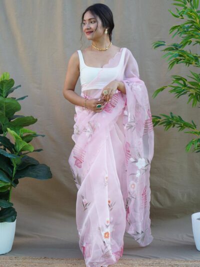 Fancy Floral Design Organza Pink Saree