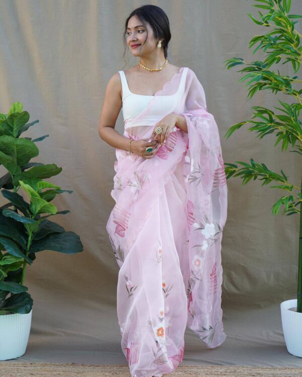 Fancy Floral Design Organza Pink Saree