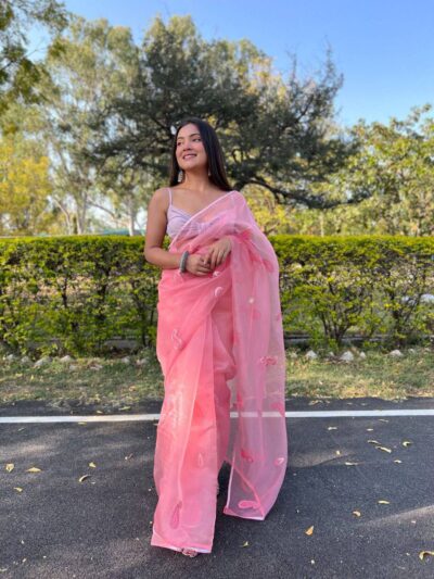 Stylish Look Organza Pink Saree with Work