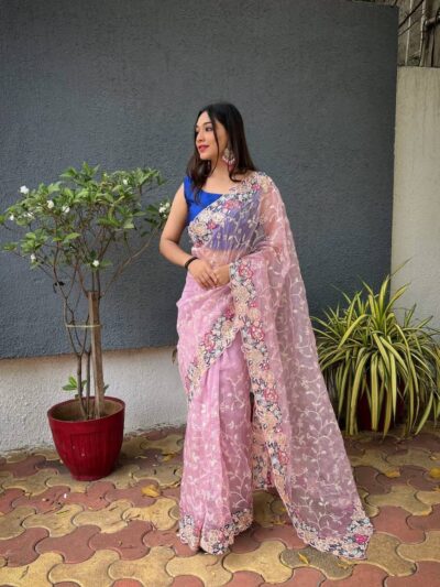 Designer Work Organza Pink Saree