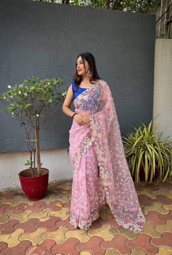 Designer Work Organza Pink Saree