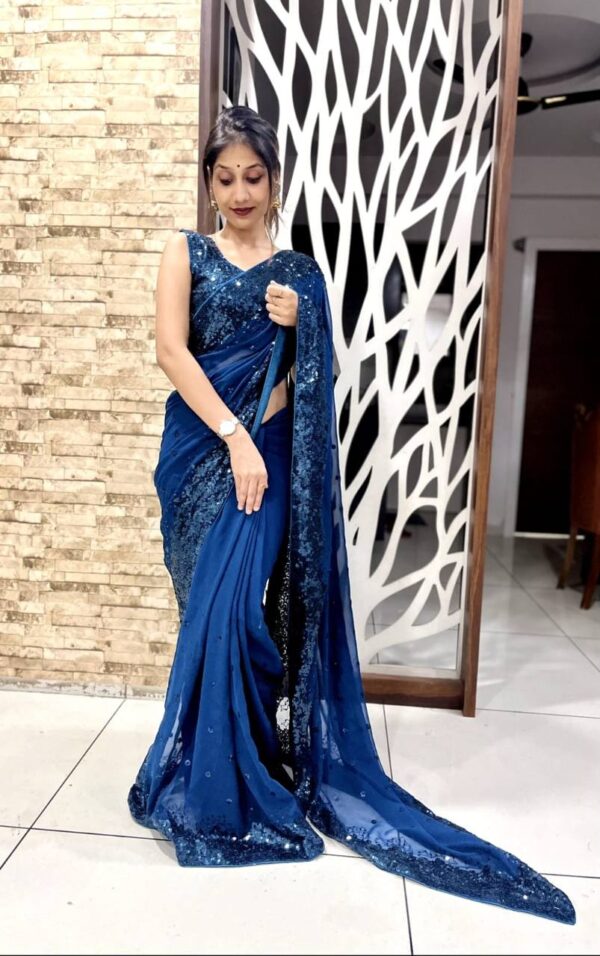 Latest Fashion Blue Saree in Sequence