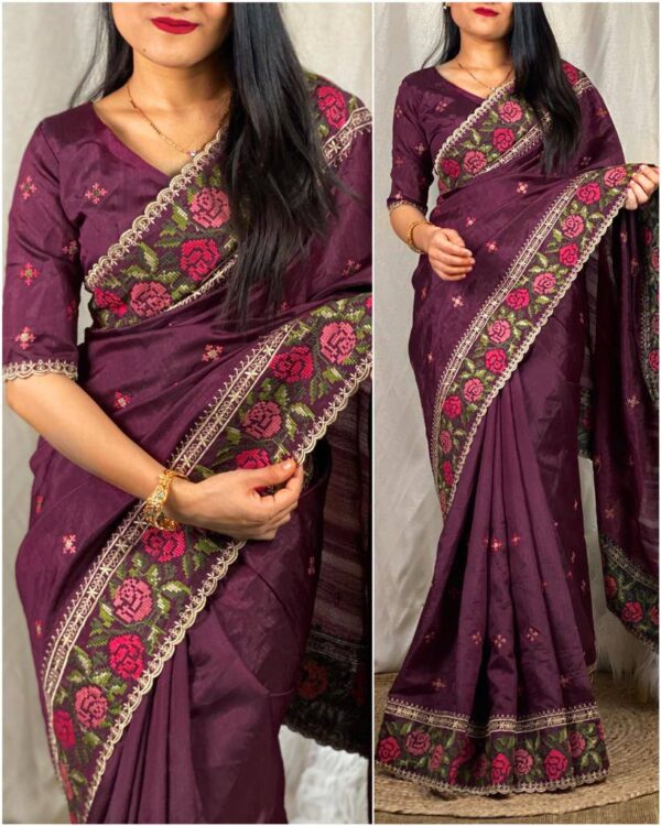 Traditional work Women wear Purple Saree