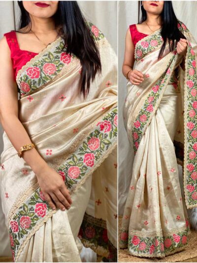 Fancy Cream Saree in Traditional Design work