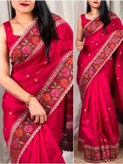 Wedding Embroidery Work Fancy Pink Saree