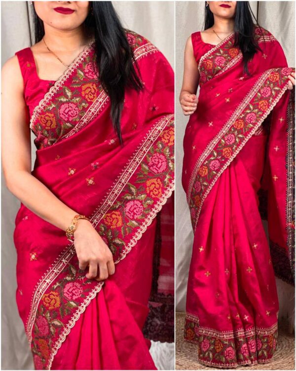 Wedding Embroidery Work Fancy Pink Saree