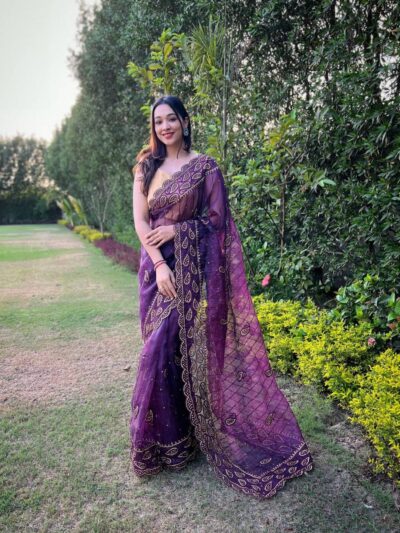 Wedding Wear Work Organza Purple Saree