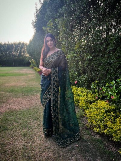 Bollywood Fancy Work Organza Green Saree